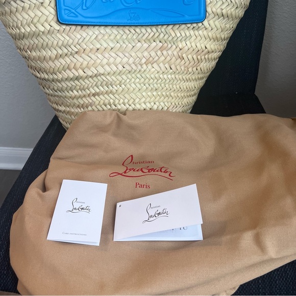 CHRISTIAN LOUBOUTIN Loubishore Woven Embossed Leather Blue Straw Tote Bag - Picture 6 of 7